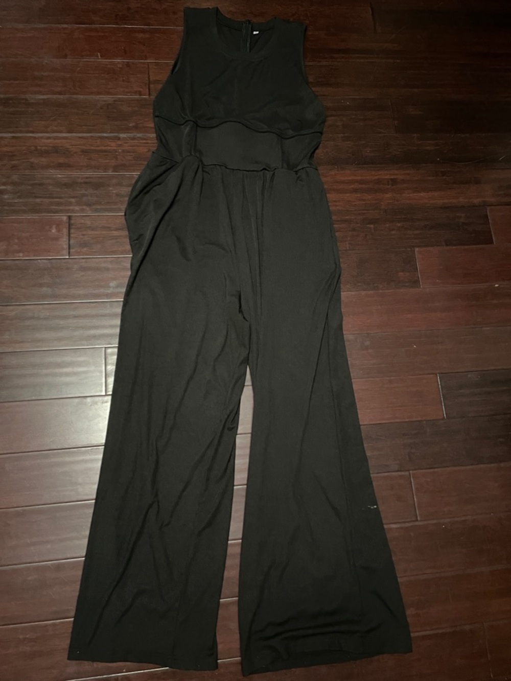 Black Sleeveless Wide Leg Jumpsuit Romper w/ Pockets Back Zip Minimal Chic